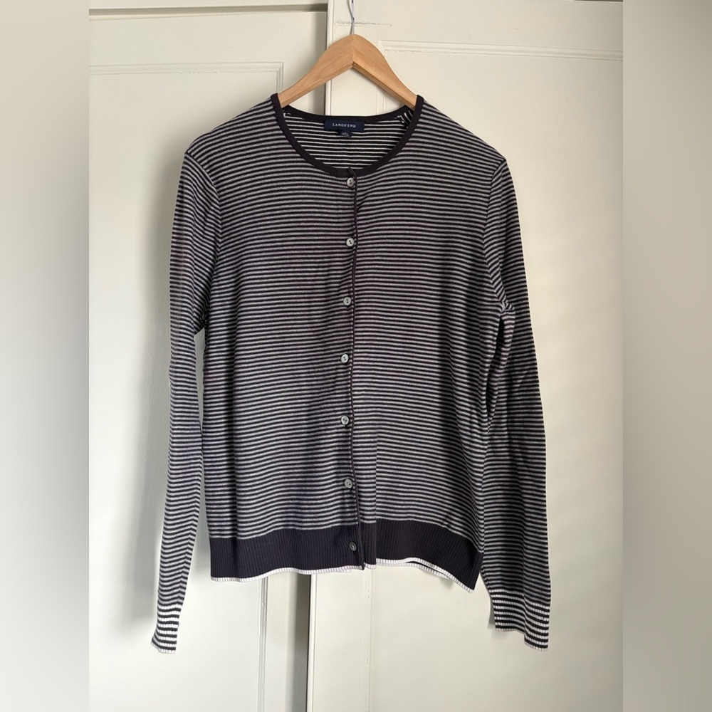 Lands End Supima Cotton Plum and White Striped Cardigan